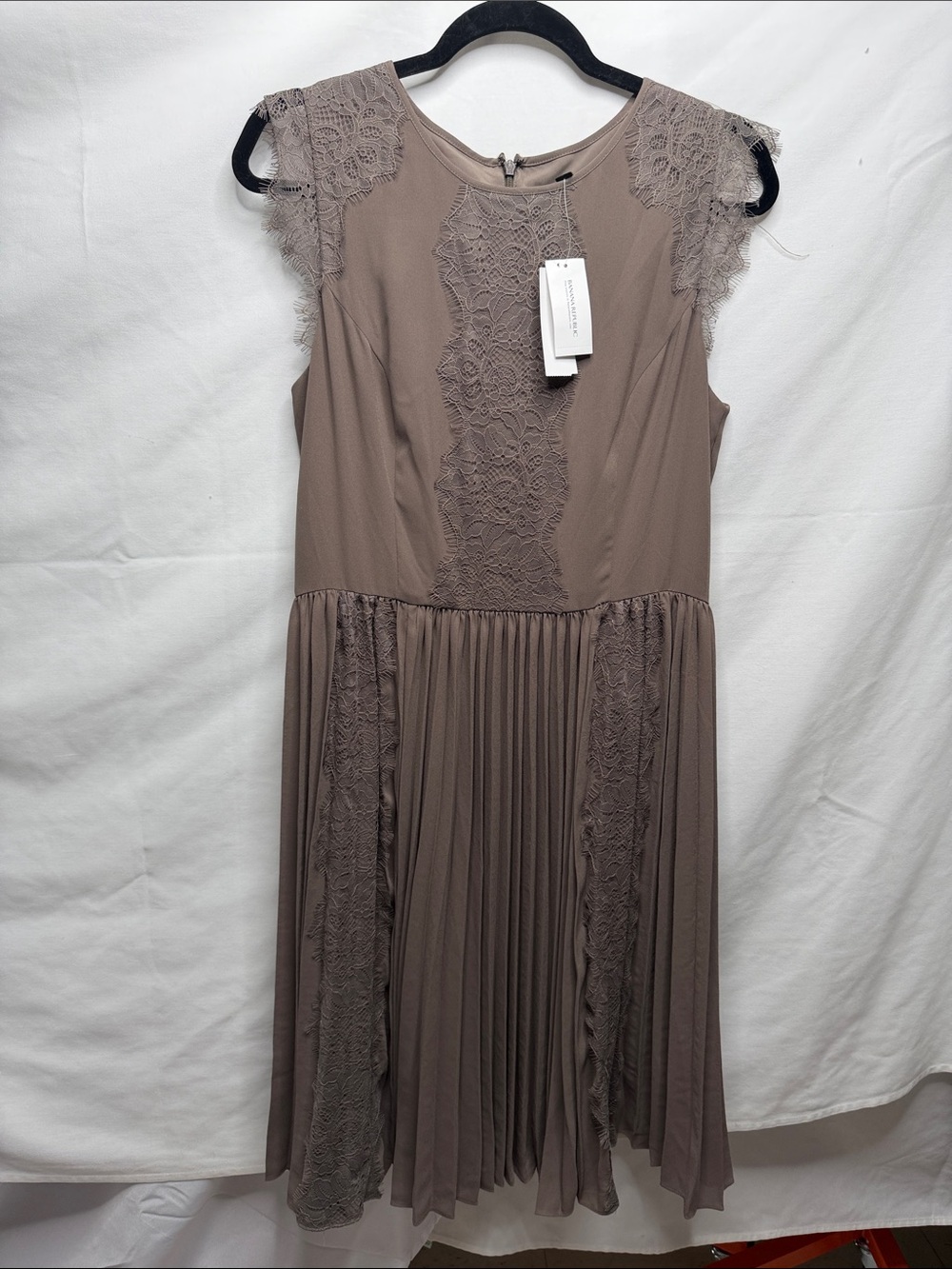 Banana Republic Taupe Lace-Panel Pleated Midi Dress
